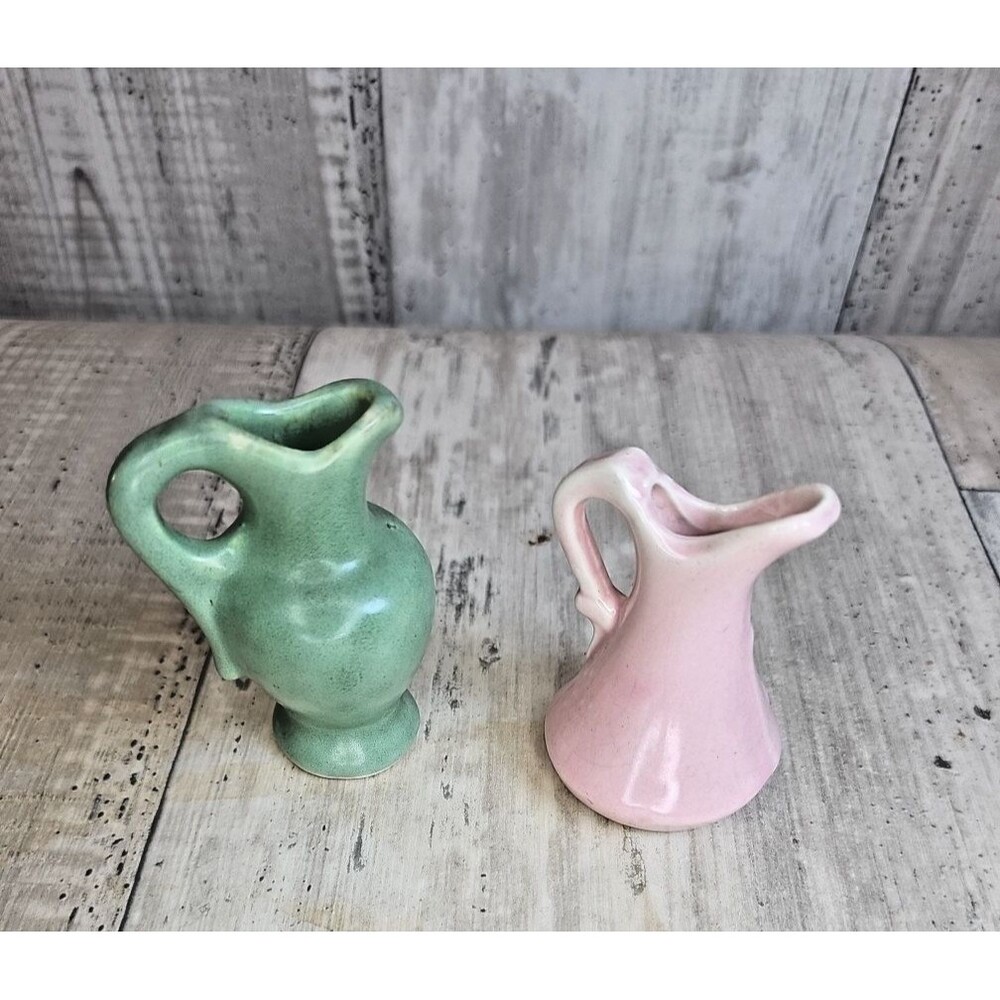 Vintage Mini Pitcher Lot Shawnee USA Pink & Green Art Pottery Creamer Set